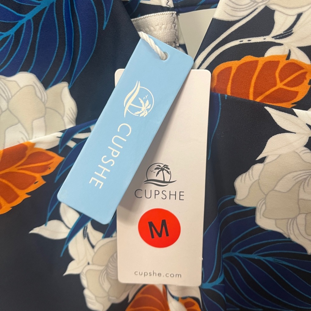 Cupshe Navy Floral One-Piece Swimsuit with White & Burnt Orange Leaves - Picture 4 of 9